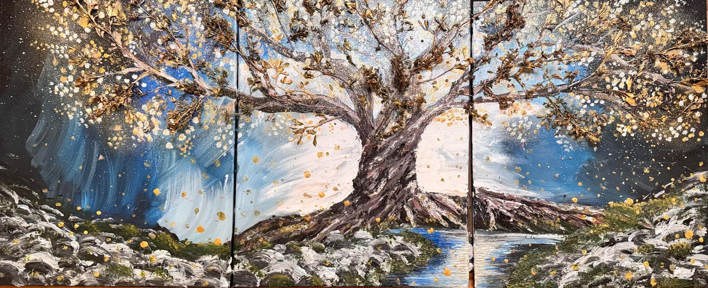 Golden Tree Glittering Night Landscape