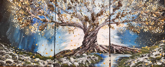 Golden Tree Glittering Night Landscape
